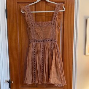 Free People Lace Trim Mini Dress in Tan